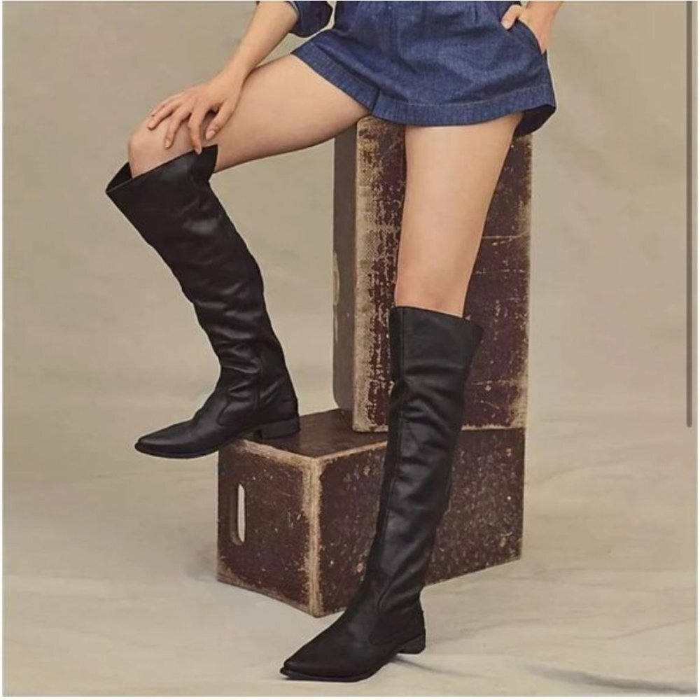 NWOB Free People Brenna OTK Over The Knee Black Leather Boots Sz 37